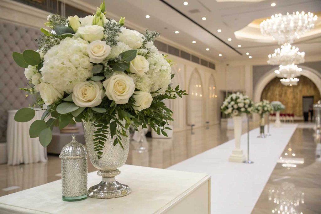 Elegant flower bouquet station with white roses, peonies, greenery, silver accents, on a sleek white table, classy indoor wedding setup"