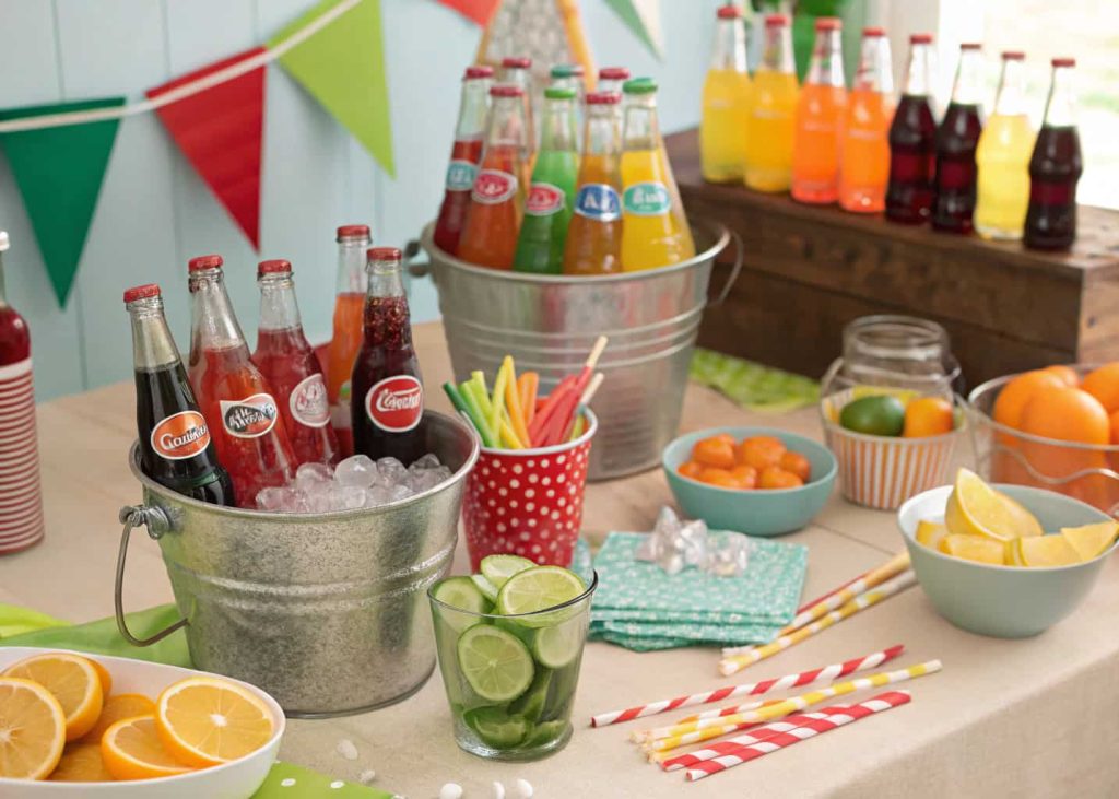 A colorful soda pop bar with assorted soda bottles, ice buckets, straws, and fresh fruit garnishes on a party table