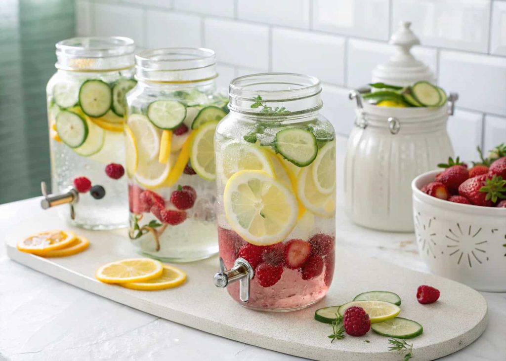 A clean and elegant fruit infused water station with clear jars filled with water, lemon, cucumber, and berry slices
