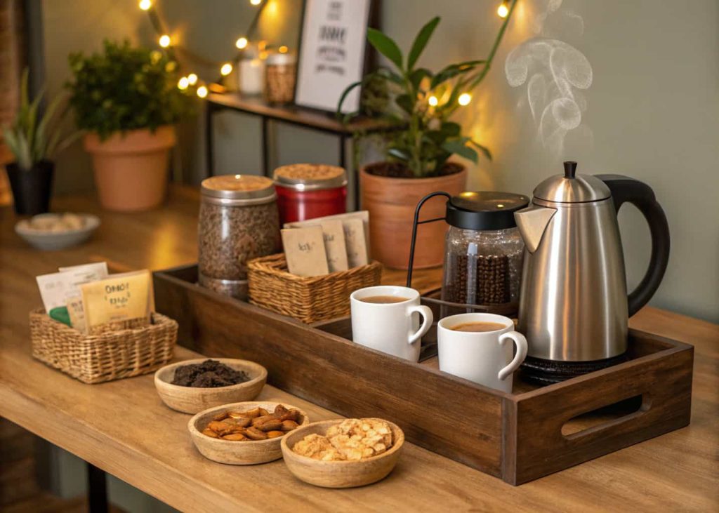 A cozy coffee and tea station with mugs, a kettle, tea bags, coffee jars, and small snacks arranged neatly