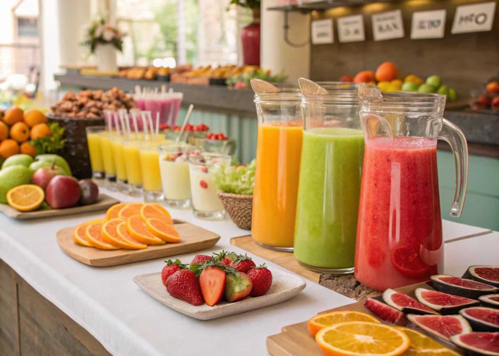 A vibrant juice bar with multiple pitchers of colorful juices, fresh fruits, and glasses arranged on a decorated table