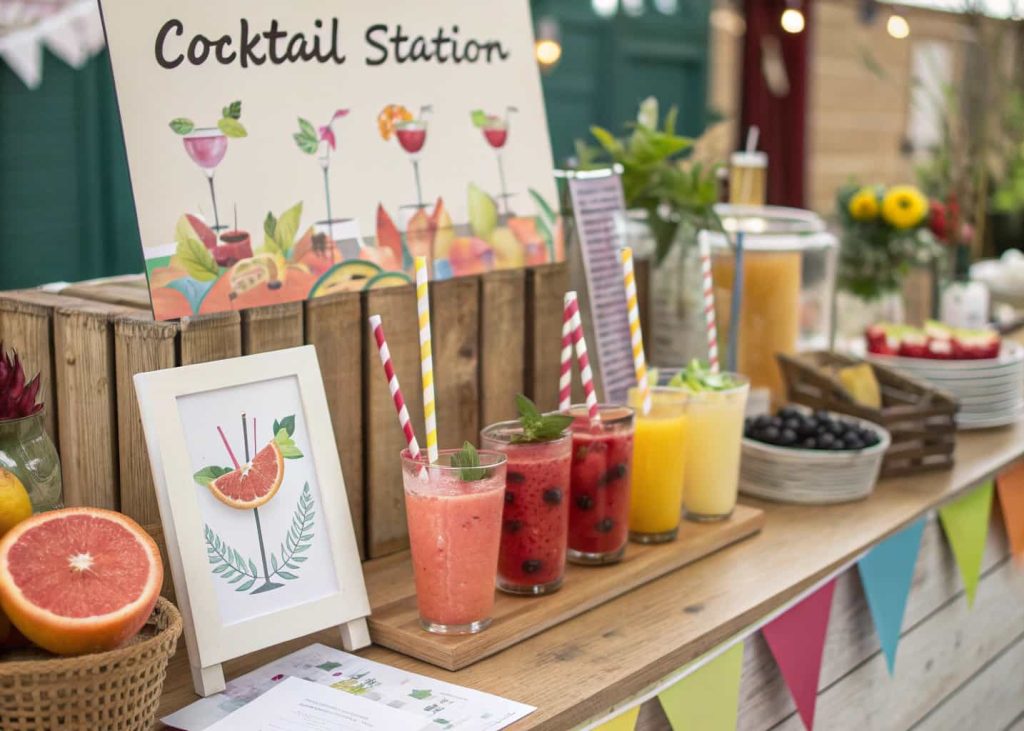 A fun mocktail station with colorful drinks, fresh fruit garnishes, straws, and recipe cards on display