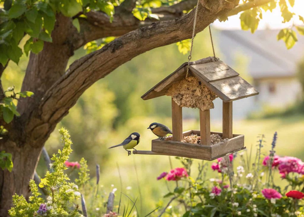 Rustic wooden bird feeder hanging from a tree in a sunny garden, small birds eating seeds, realistic style”