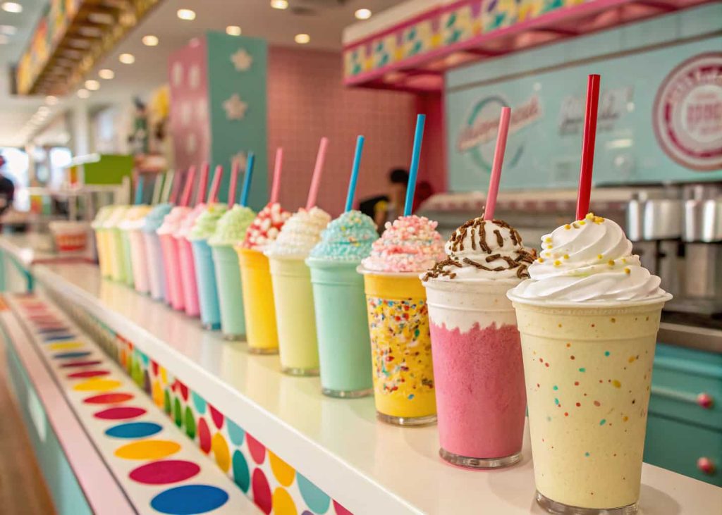 A playful milkshake bar with different flavors, toppings like whipped cream and sprinkles, and colorful cups on display