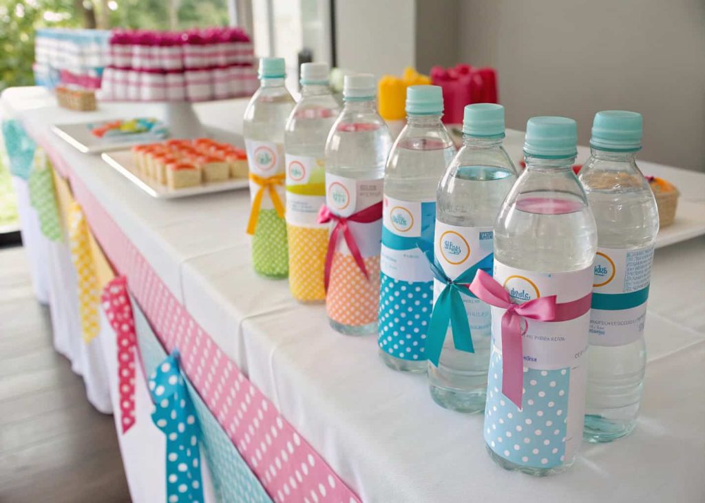 A neatly arranged water bottle station with decorated bottles, ribbons, and a clean party table setup