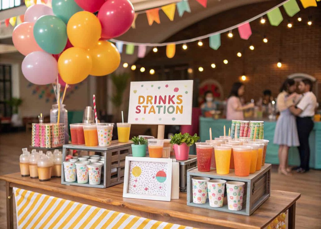 A themed drink station with coordinated decorations, matching cups, and drinks styled according to a party theme