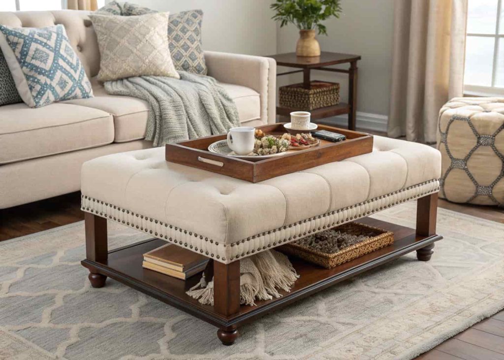 Ottoman used as coffee table with decorative tray, small living room setup, cozy textures, modern apartment decor, soft neutral tones