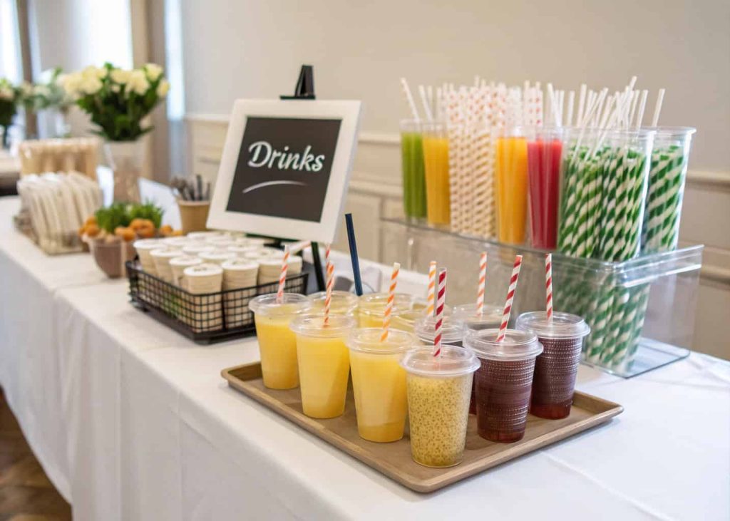 A self-serve drink table with neatly arranged drinks, cups, straws, and a small sign for guests