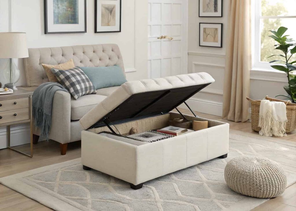 Modern storage ottoman opened to reveal hidden compartment, organized small living room, cozy interior styling, neutral modern decor