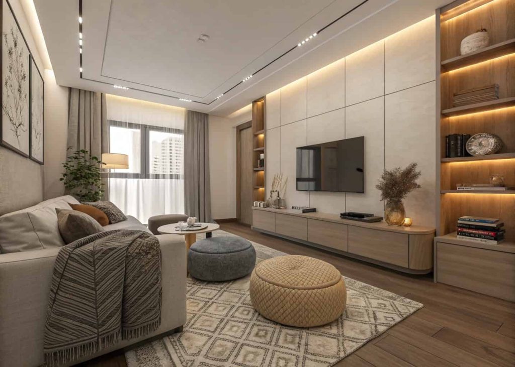 Small living room with multiple ottomans used as seating, cozy modern decor, layered textures, compact apartment layout, warm lighting