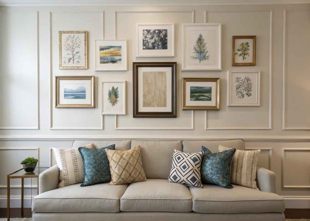 A wall decorated with modern art frames above a sofa