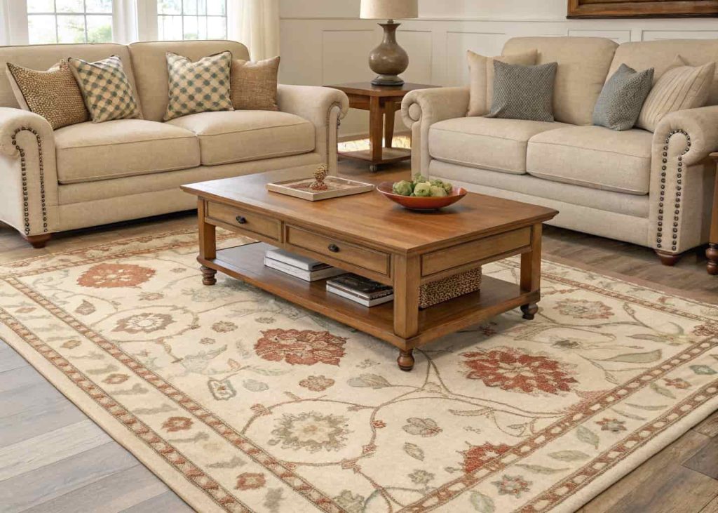 A cozy living room with a soft patterned rug under a coffee table