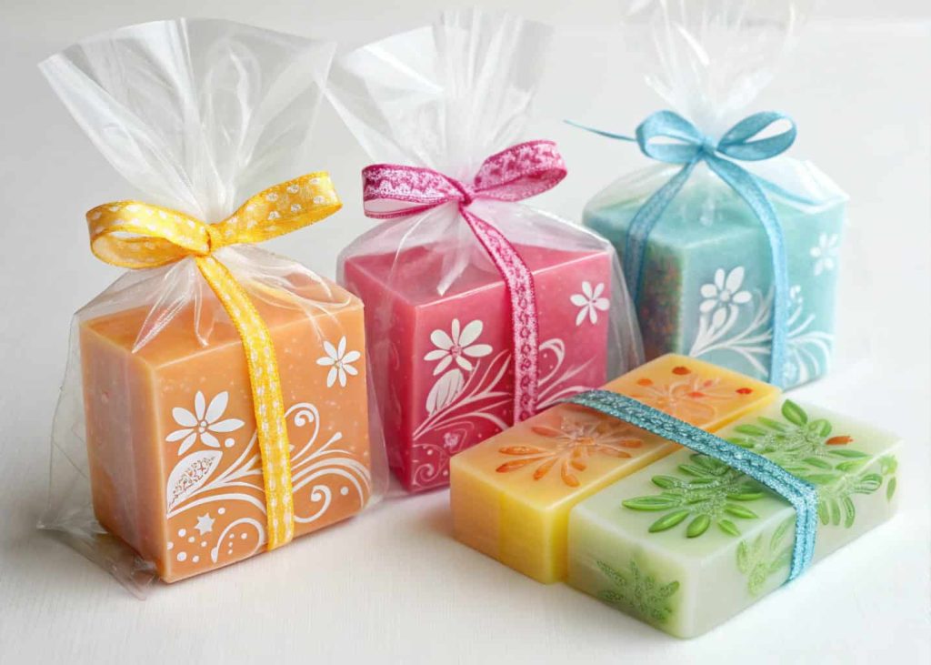 Colorful handmade soap bars wrapped with clear cellophane and ribbons for elegant party favors.”
