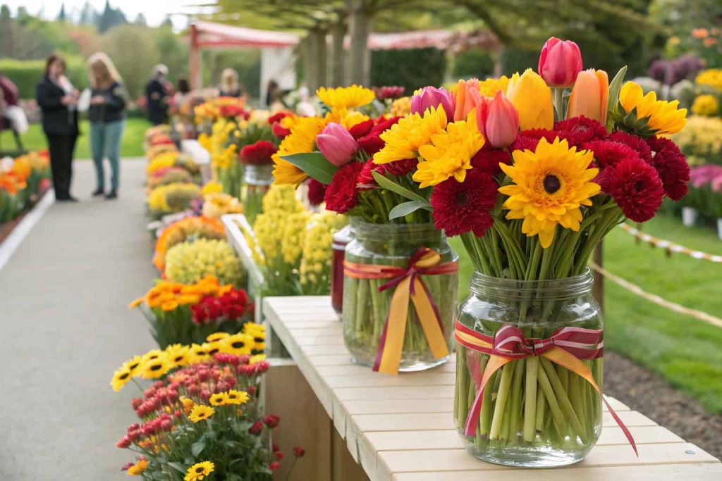 Colorful seasonal flower bouquet station with tulips, sunflowers, chrysanthemums, clear glass jars, festive ribbons, vibrant outdoor garden party"