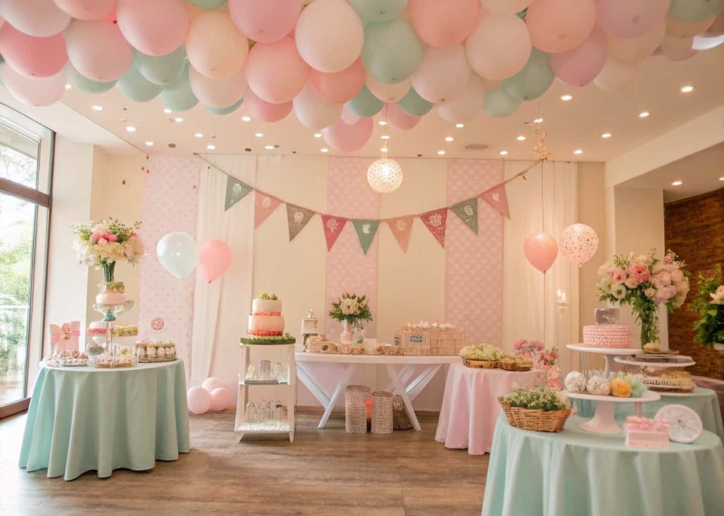 Baby shower venue decorated with pastel balloons, banners, themed table setup, and cute DIY crafts”