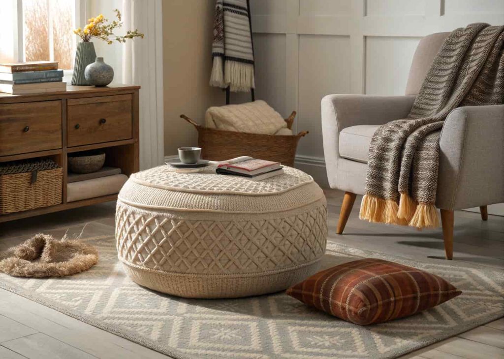 Textured ottoman in small living room, layered fabrics and cozy rug, modern interior styling, neutral palette with warm textures