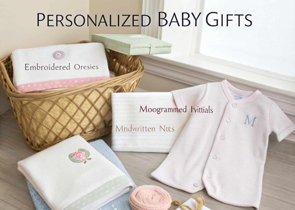 Collection of personalized baby gifts including embroidered onesies, custom blankets, and handwritten notes”