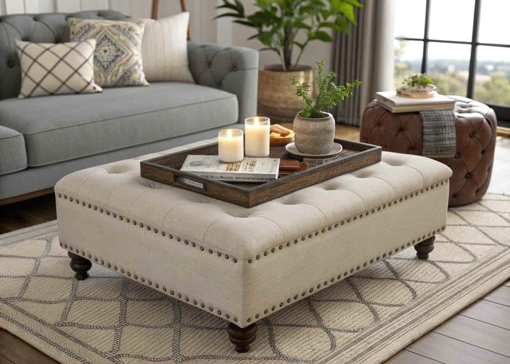 Decorated ottoman with tray, candles, books, and small plant, stylish small living room decor, modern cozy interior styling