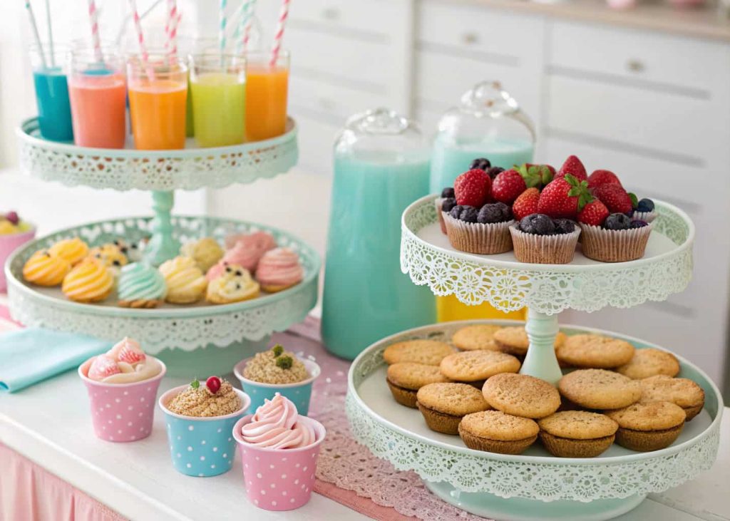 “Baby shower food station with cupcakes, cookies, fruit, and colorful drinks on decorative trays”