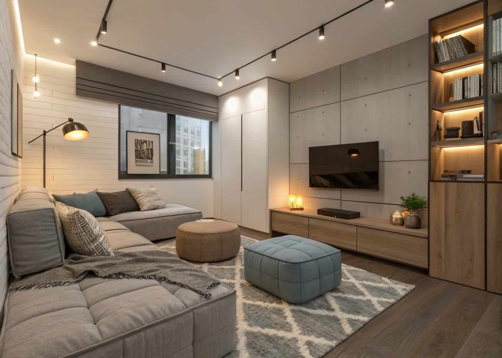 Small living room with multiple modular ottomans, flexible seating arrangement, modern cozy decor, compact apartment interior