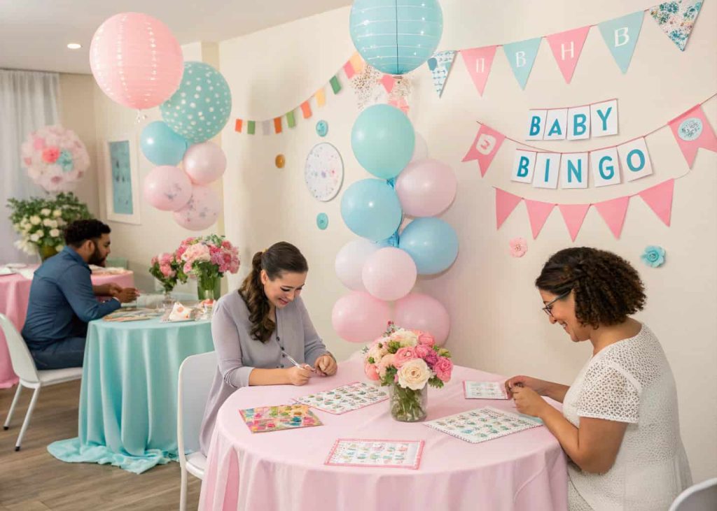 Guests playing baby shower games like baby bingo and diaper raffle in a decorated room”