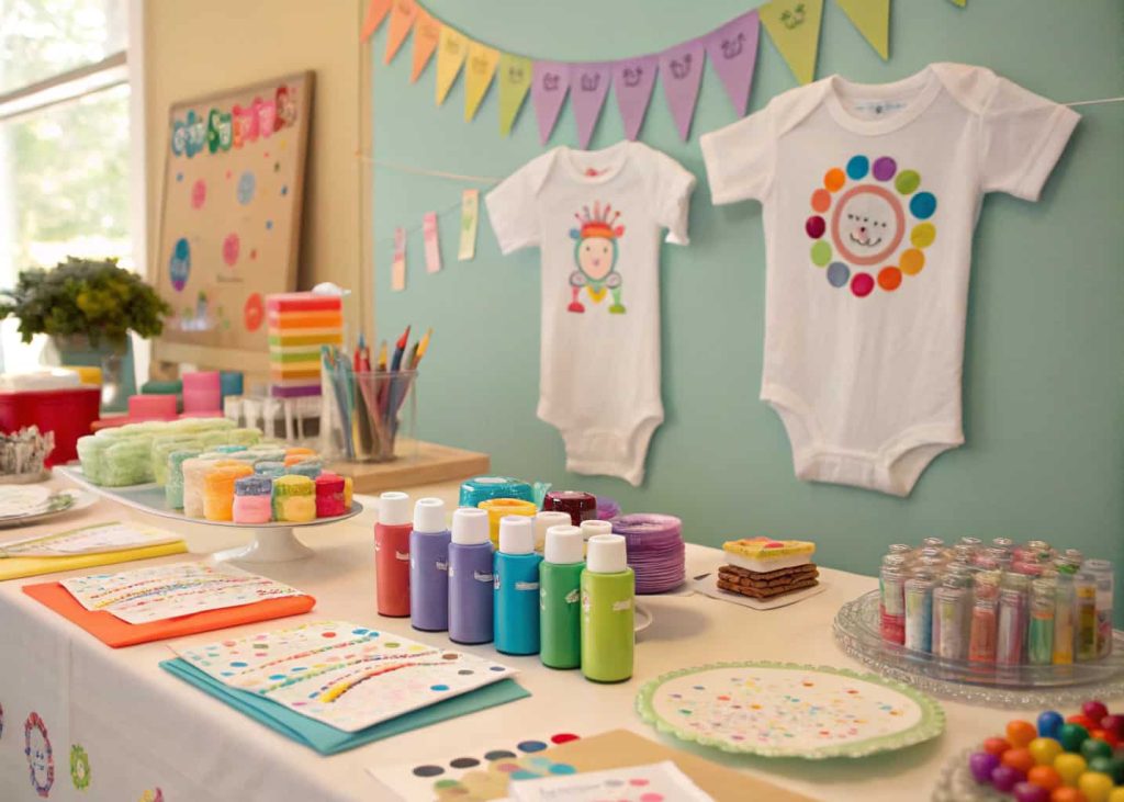 Baby shower DIY craft station with paints, markers, decorated onesies, and engaged guests”