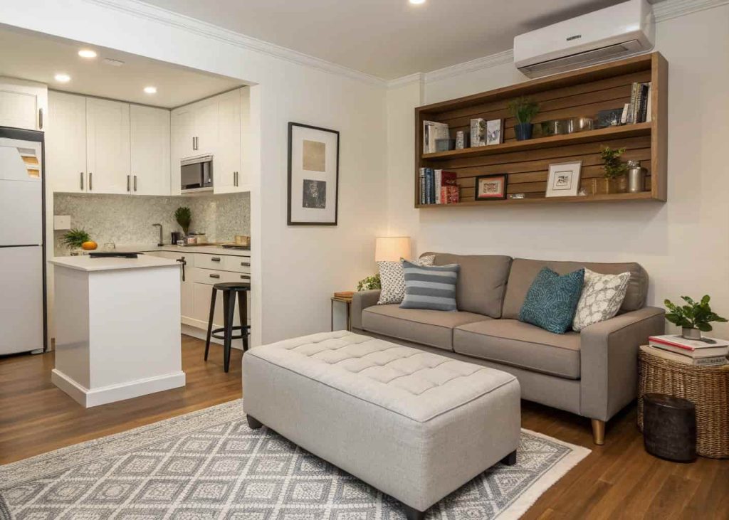 Small living room showing smart ottoman placement near sofa, efficient layout design, modern compact apartment interior, organized cozy setup
