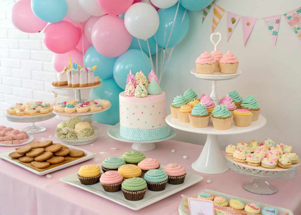Baby shower dessert buffet with cupcakes, cookies, mini cakes, and themed decorations”