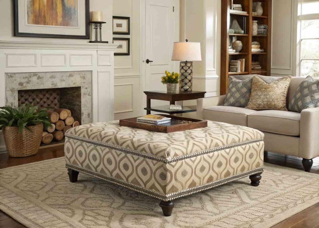 Bold statement ottoman in small living room, stylish modern decor, patterned upholstery centerpiece, cozy contemporary interior design