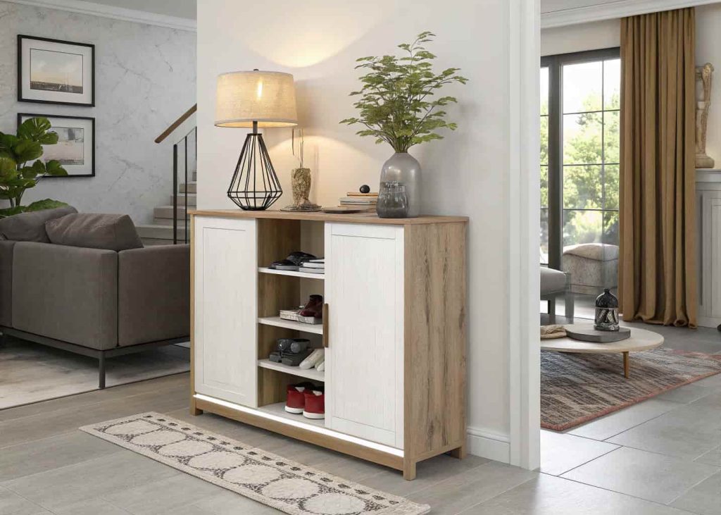 Slim shoe cabinet styled as console table, modern living room decor, decorative lamp and plant on top, hidden storage solution