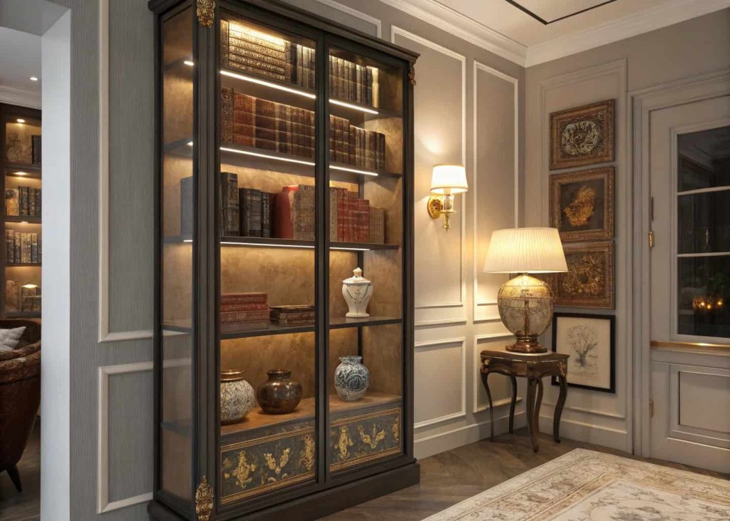 Glass cabinet with vintage books, antique décor pieces, soft lighting, sophisticated home interior, cozy and cultured atmosphere.