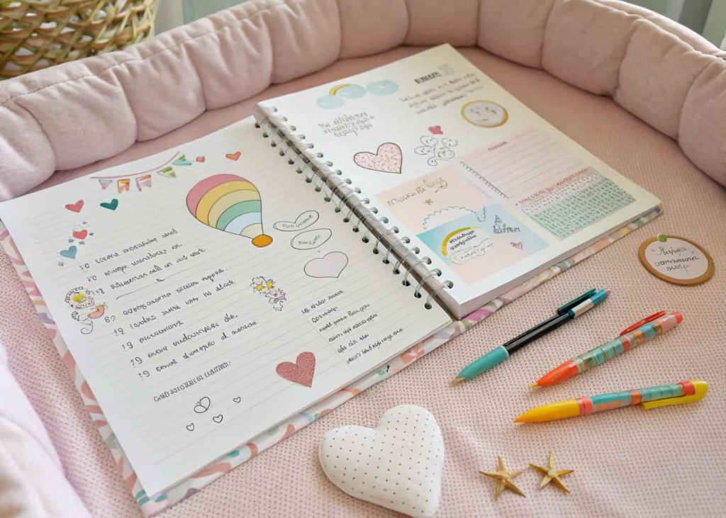 Baby shower memory book with handwritten notes, colorful pens, and small decorative stickers”
