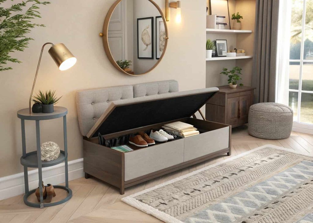 Modern storage bench with hidden shoe compartment, small living room setup, stylish multifunctional furniture, cozy interior styling