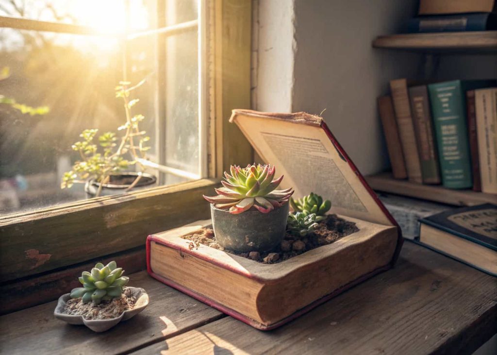 Vintage book hollowed out to hold a small succulent, bright sunlight, rustic home décor, charming and playful style.