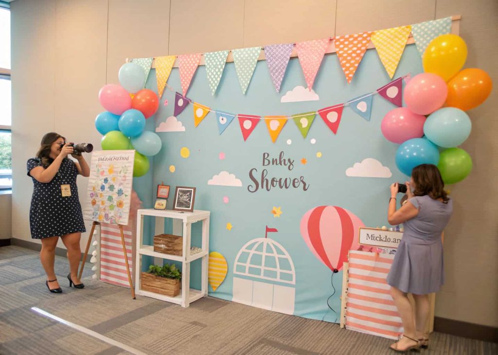 Baby shower photo booth with themed props, colorful backdrop, and guests taking fun pictures”