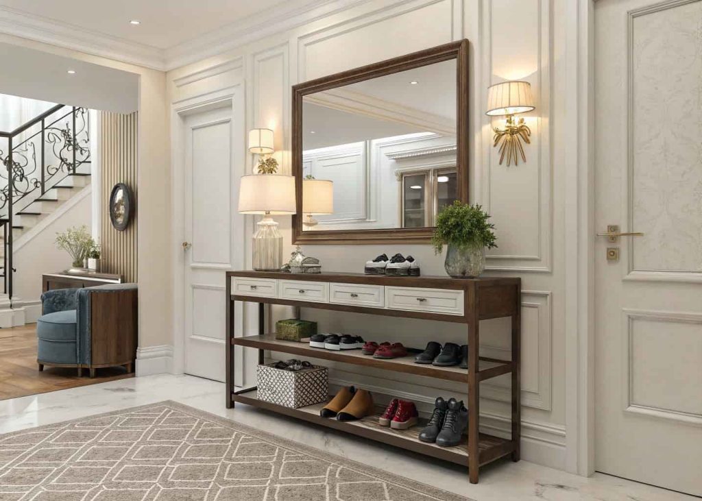 Slim console shoe rack styled with mirror and decor pieces, modern living room entryway, elegant interior styling, neutral color palette