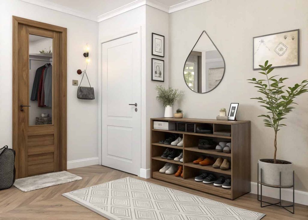 Small living room entry corner with hidden shoe rack, wall mirror, minimalist decor, modern compact home interior