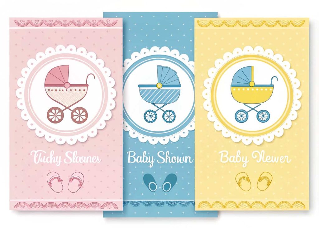 Collection of themed baby shower invitations with pastel colors and baby-themed icons