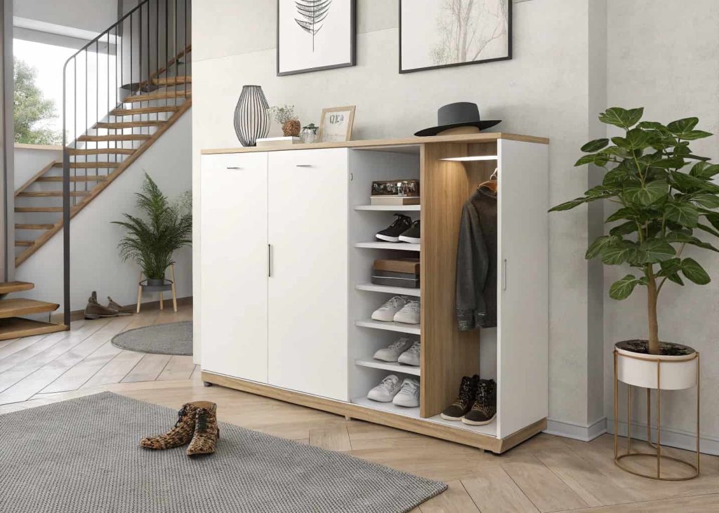 Minimalist closed shoe cabinet in living room entryway, modern interior design, clean lines, hidden storage solution, contemporary home styling