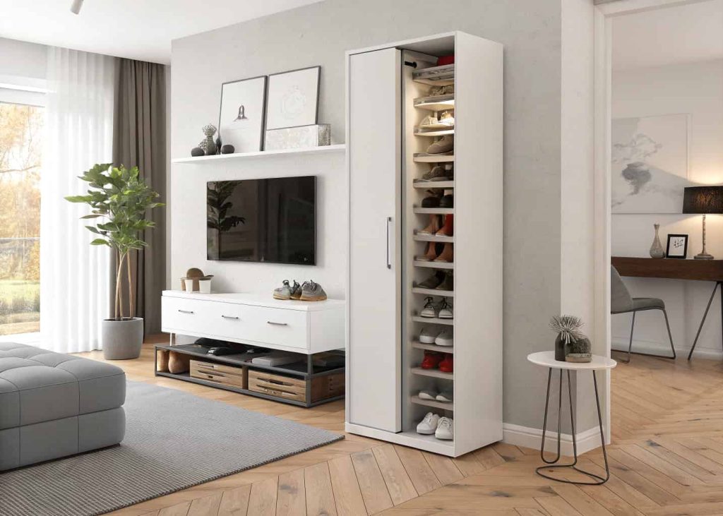 Tall narrow shoe storage cabinet in small living room, vertical organization solution, modern minimalist interior design
