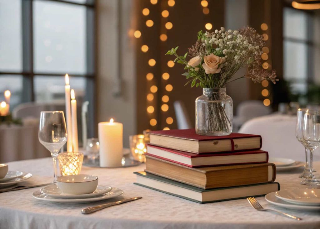 Dining table centerpiece with stacked books, small flower vase on top, cozy warm lighting, elegant home décor style.