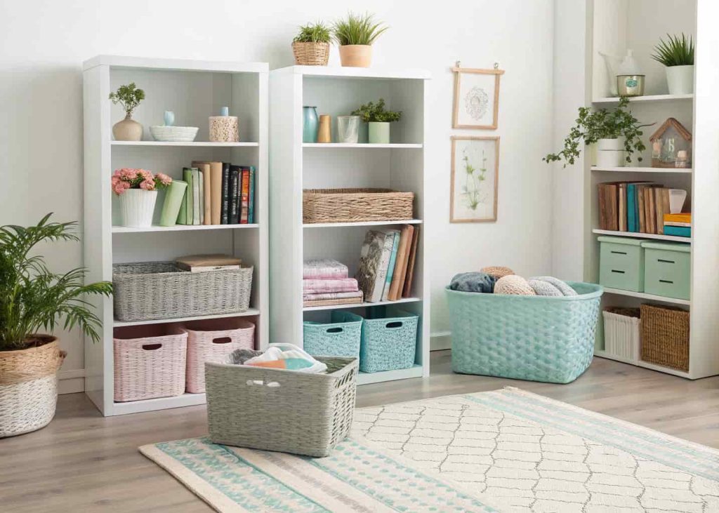A neat room with stylish storage baskets and organized shelves