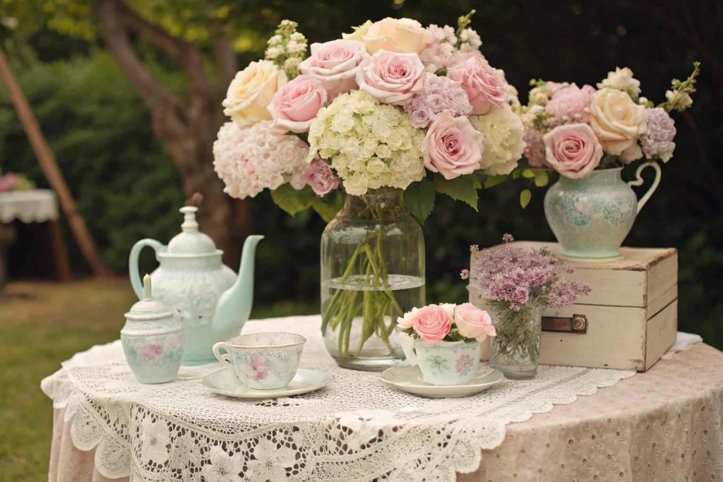 Vintage-inspired flower bouquet station with pastel roses and hydrangeas in teapots and glass bottles, lace tablecloth, garden setting, romantic vintage decor"
