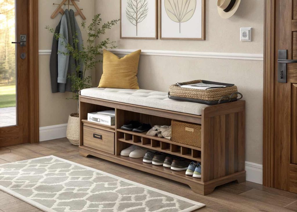 Modern shoe rack bench with soft cushion, cozy living room entryway setup, wooden storage bench, warm neutral tones, inviting interior design