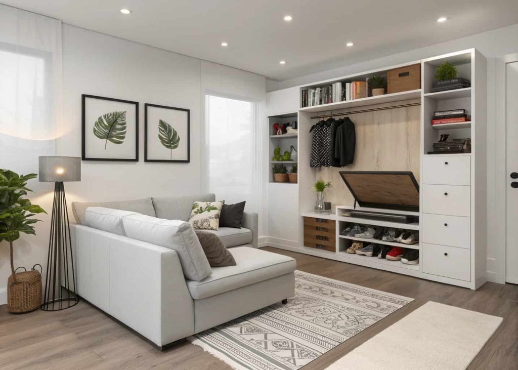 Hidden shoe storage under sofa, organized small living room, modern compact furniture layout, clean minimalist styling