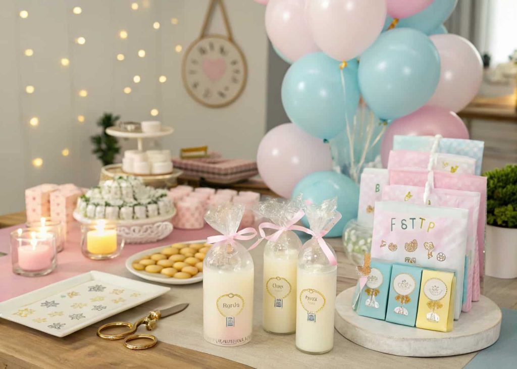 Baby shower party favors on a decorated table including candles, keychains, and themed packaging”