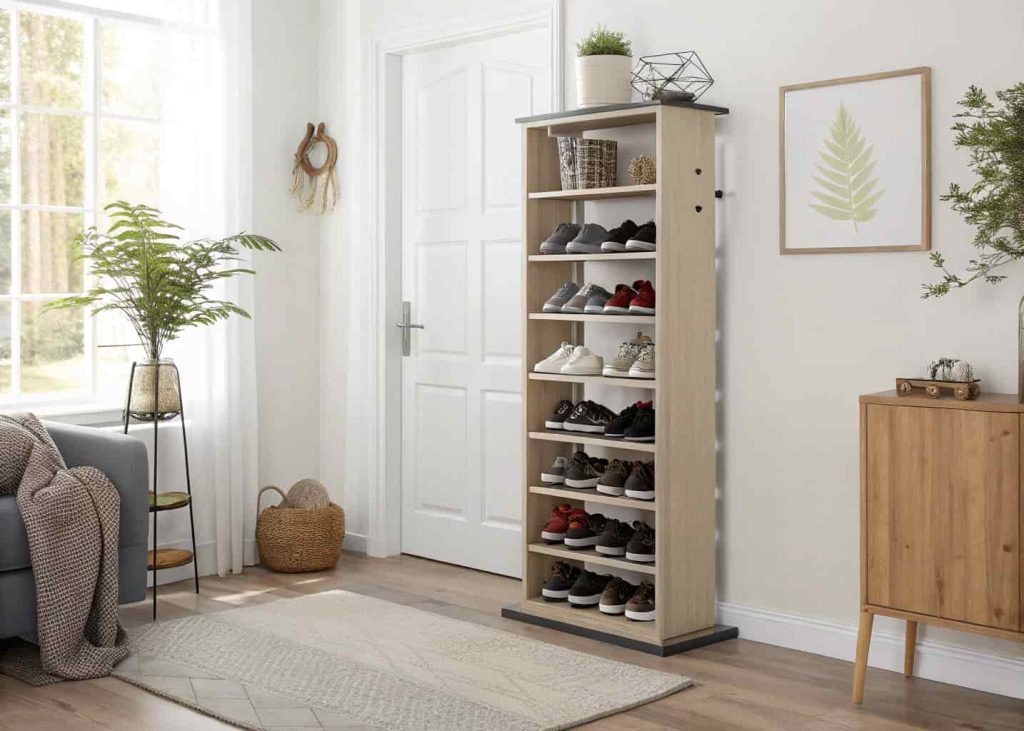 Tall vertical shoe rack placed in living room corner, modern apartment entryway, organized shelves with decor accents, bright natural light