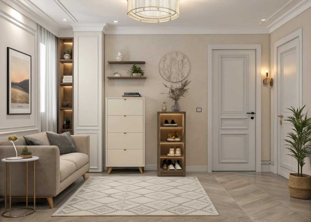 Neutral-toned living room with matching shoe storage cabinet, cohesive modern decor, elegant small apartment design