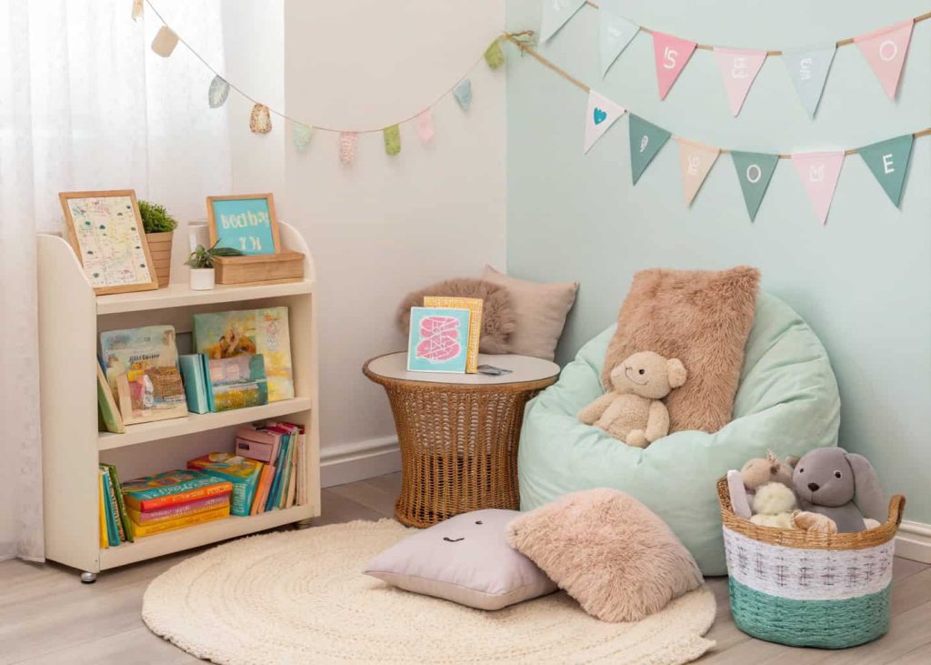 Baby shower storytime corner with pillows, children’s books, and stuffed animals in a cozy setup”