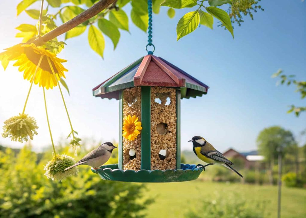 Colorful hanging bird feeder filled with sunflower seeds in a green backyard, birds perched on it, sunny day.”